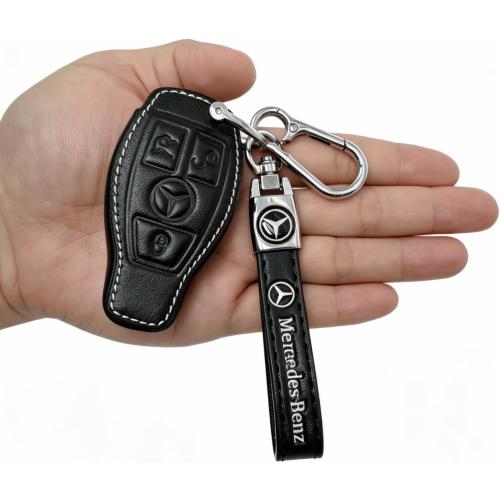 Leather Key Fob Cover for Mercedes-Benz, Full Protective Case with Metal Keychain, Compatible with LS CLK AMG CLK CLK GLC GLE GLS ML SL SLK A C E R S G Remote Key,(Style B: Black)