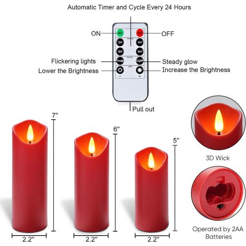 Homemory Christmas Flameless Candles, Battery Operated Candles with Remote Timers, Electric Fake Candles for Home, Christmas Decoration, Made of Plastic, Red/Burgundy, Set of 9