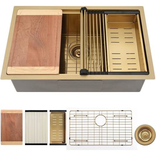 Gold Kitchen Sink Undermount-VASOYO 30x19 Inch Undermount Kitchen Sink Workstation 16 Gauge Brushed Gold Stainless Steel Sinks Under Mount Deep Single Bowl with Cutting Board
