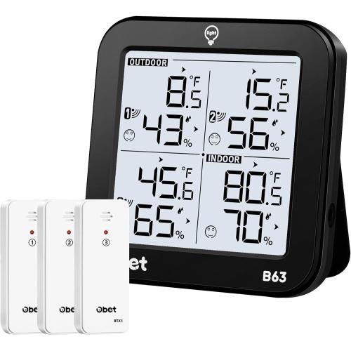 OBET Weather Station Wireless Indoor Outdoor Thermometer Wireless, Digital Temperature and Humidity Monitor with 3 Sensors, Adjustable Backlight, USB Port (500 Feet)