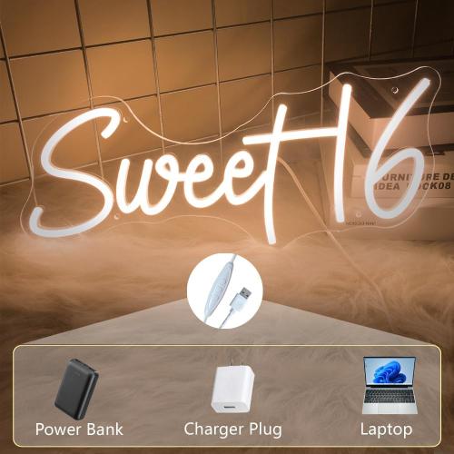 16.8 Inch Sweet 16 Neon Sign, USB Powered with Dimmer Switch 16th Birthday Party Sign, Sweet Sixteen Party Supplies, Happy 16th Birthday Decorations for Girls (Warm white)