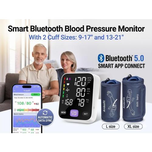 Upper Arm Blood Pressure Monitor for Home Use 17 Large & 21 XL Extra Large Cuff Big arm, Free APP Bluetooth Sync Apple Health Track Google Fit, Large Display Smart BP Machine for Seniors