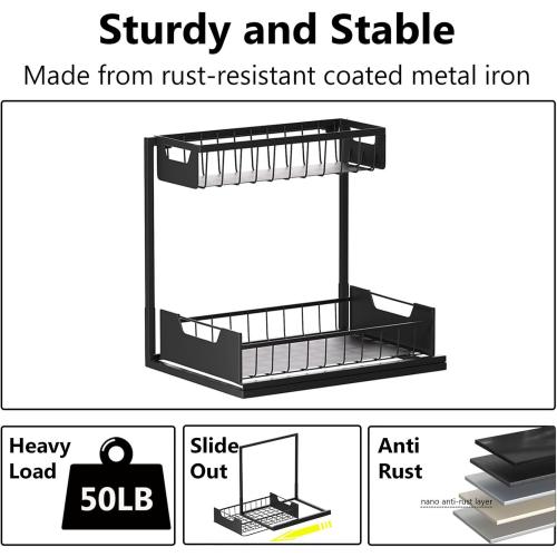 Under Kitchen Sink Organizers and Storage Pull Out 2 Tier Metal Bathroom Cabinet Organizer (Black, 2 Pack)
