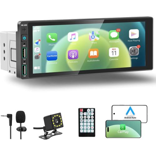 REAKOSOUND 6.9 Single Din Car Stereo with Apple CarPlay & Android Auto, Single Din Touchscreen Radio, Car Stereo with Bluetooth, Backup Camera, GPS Navigation, Mirror Link, FM/AM, EQ, USB, SWC, MIC