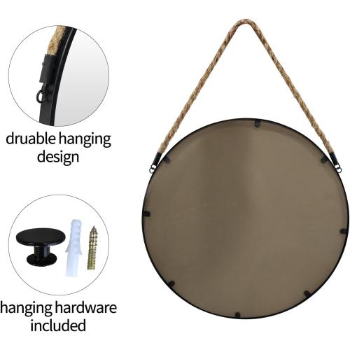 POZINO Round Mirror, 15 Rope Hanging Mirror, Farmhouse Circle Mirrors, Black Metal Frame Wall Mirrors for Bathroom, Bedroom, Living Room, Entryway, Fireplace, Home Decor