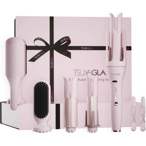 5 in 1 Auto Curling Iron Set with Interchangeable Barrels - 1, 1.25, 1.5 Curling Wand, Hair Crimper & Straightening Brush, Rotating Ceramic Curler, 3 Temp, Dual Voltage, Anti-Scald, Pink