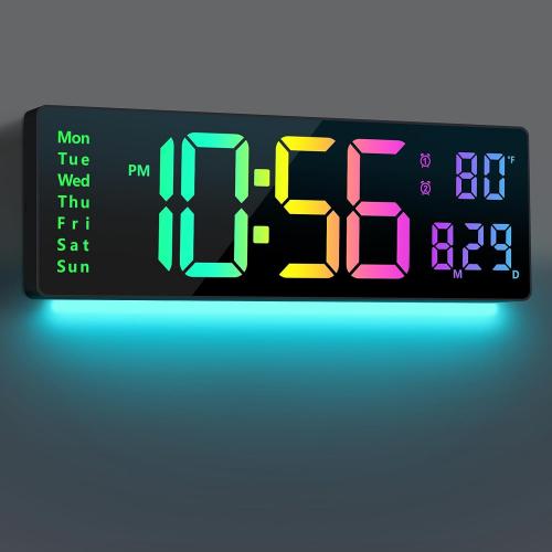 Digital Wall Clock Large Display 16, Digital Clock with 11 RGB Colors Changing Remote Control, LED Clocks with Night Lights for Living Room Bedroom Office Classroom Decor, Auto DST (Multicolor)