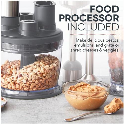 Dash Chef Series Deluxe Immersion Hand Blender Set, 5 Speed, 330W with Food Processor, Whisk, Masher & Dough Hook Attachments, Stainless Steel Blades for Soups, Sauces, Smoothies & Purées - Cool Grey