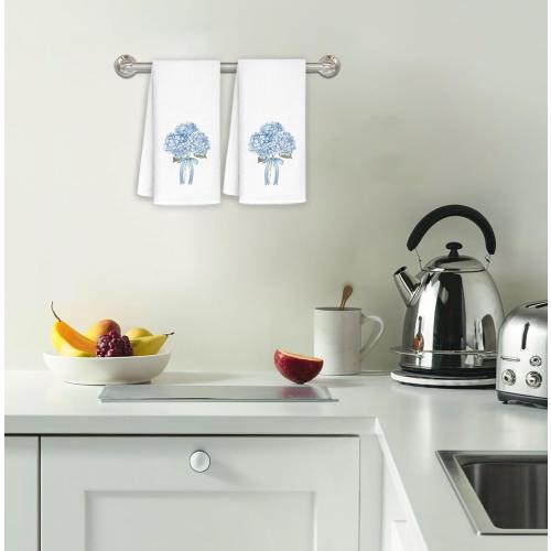 Blue Hydrangea Bow Decorative Hand Towels for Bathroom Washroom Set of 2, Hydrangeas Gifts, Hydrangea Decor for Bathroom Kitchen, Flower Floral Hydrangeas Kitchen Towels, 16x24 Inch