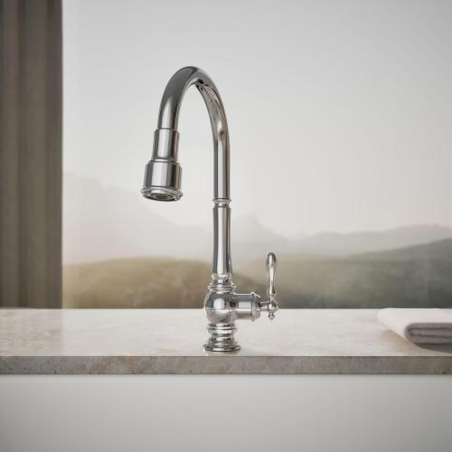 KOHLER K-99259-CP Artifacts Single-Hole Kitchen Sink Faucet with 17-5/8-Inch Pull-Down Spout, 3-Function Sprayhead, and Turned Lever Handle, Polished Chrome