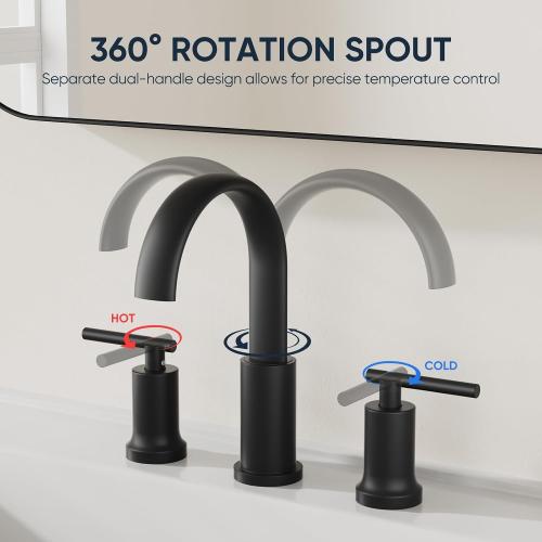 3 Matte Black Waterfall Bathroom Faucet 3 Hole, Widespread Two Handle Bathroom Sink Faucet Vanity Faucet, 8 Inch Bathroom Faucets for Sink with cUPC Supply Lines and Pop-Up Drain