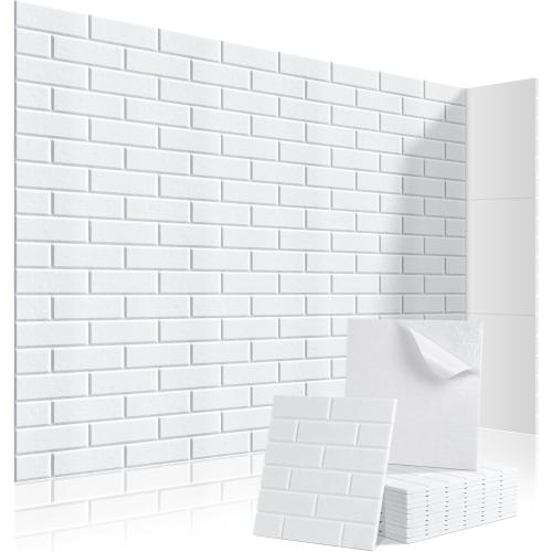 Acoustic Wall Panels 12 Pack, 12x12 Inch Sound Absorbing Foam Panels, Self-Adhesive Noise Reduction Wall Panels for Home Studio, Office, Bedroom, White Brick Soundproof Decor