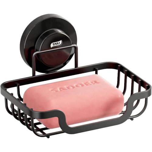 TAILI Soap Holder Dish Suction Cup, Bar Shampoo Rack for Shower Wall, Draining Soap Saver Tray for Bathroom, Rustproof Stainless Steel Sponge Holder for Tub, Kitchen, Drill-Free, Black