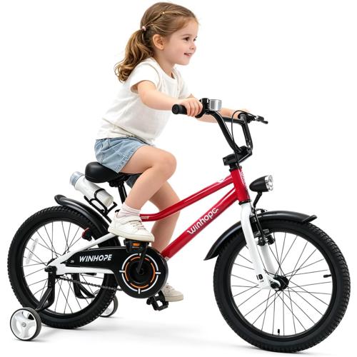 WinHope Kids Bike with Headlight, 12-20 Inch Pedal Bike for 2-12 Boys Girls | Steel Frame with Training Wheels Water Bottle | Dual Brake for Summer Outdoor Riding | Birthday Gift for Toddlers