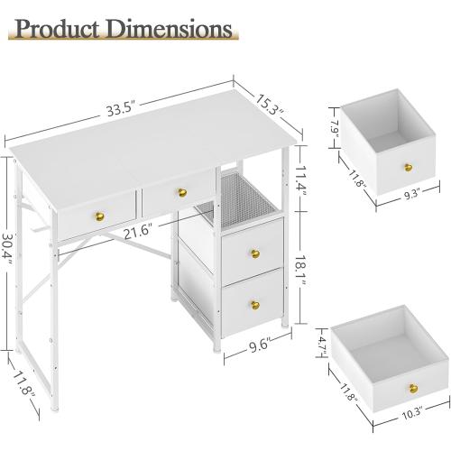 White 33.5Inch Small Computer Desk with 4 Fabric Drawers, Simple Writing Desk for Home Office, Compact Study Desks for Small Spaces, Kids Desk Study for Bedroom, White