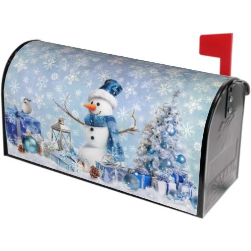 Winter Snowman Mailbox Cover Magnetic 21x18 Standard Size Blue Christmas Tree Balls Xmas Snowflakes Mailbox Wrap Post Cover Decor for Yard Garden Home Outdoor Holiday New Year