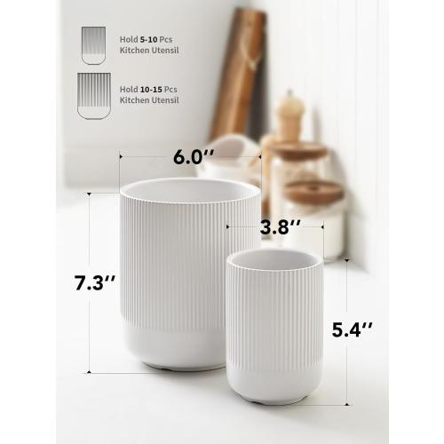LE TAUCI Utensil Holder, 7.3 5.4 Ceramic Kitchen Utensil Holder for Countertop, Large Cooking Utensil Crocks for Kitchen Counter Decor, Morden Utensil Organizer for Spatula, Set of 2, White