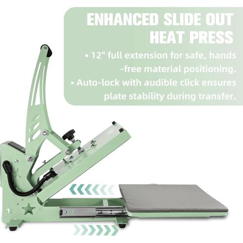 Heat Press 15x15 Slide Out Heat Press Machine, Industrial Digital Heat Transfer Machine Sublimation for T-Shirt Green