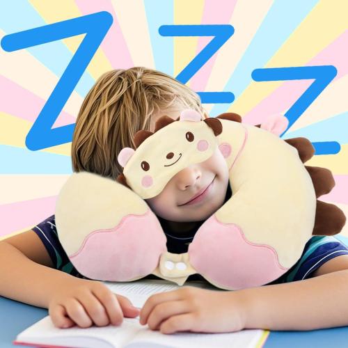 Sexysamba Travel Pillow for Kids Adults with Sleep Eye Mask Cute Cartoon U Shaped Memory Foam Neck Pillows for Travel Head Rest & Neck Support for Airplane, Car, Office Sleeping, Cream Hedgehog