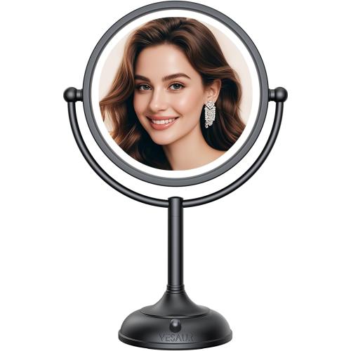 VESAUR Professional 8.5 Lighted Makeup Mirror, 1X/10X Double Sided HD Undistorted Magnifying Mirror with 3 Color 90 Dimmable LED lights, 360° Rotation Vanity Mirror, Unique Black Nickel with Gift Box