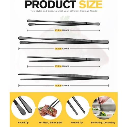 4 Pcs Fine Long Tweezer Tongs Professional Black, 12'' and 10'' Stainless Steel for Kitchen, Food, Cooking, Repairing, Sea food and BBQ
