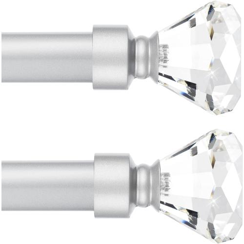 Knobelite Satin Nickel 2 Pack Window Treatment Single Curtain Rod, Adjustable Drapery Rod Set from 48 to 86 Inches with Crystal Finial Finials(4-7.2ft), 1-Inch Diameter Curtain Rods for Windows