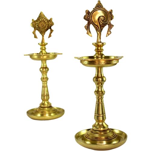 Brass Oil Lamps - Shankh Chakra Narayan Oil Lamp, Diya, Deepam, Brass Lamps Kuthu Vilakku 13 Inches
