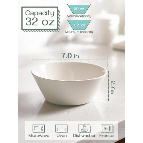 DOWAN 32 OZ Large Soup Bowls Set of 4 - White Ceramic Bowls for Kitchen, Deep Bowls for Cereal, Salad, Pasta, Fruits, Ramen, Dishwasher & Microwave Safe