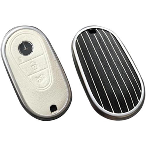 Compatible with Mercedes Benz Key case Key fob Cover Real Wood Veneer Genuine Leather Key Fob Shell Gift C GLC E S ect 2022-2023-newer (Beaufort Oak, White Leather)