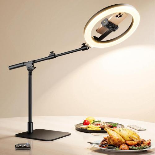 Ring Light with Stand for Desk,Adjustable Overhead Phone Mount with 10 Ring Light Tripod for iPhone,Phone Tripod with Light and Remote Phones Holder for Video Recording,Live Stream,Cooking Video