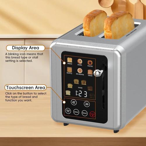 2-Slice Touchscreen Smart Toaster, Stainless Steel Toaster with Sound Function and Digital Timer, 6 Bread Types and 6 Shade Settings