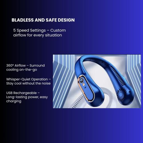 Navy Blue Bladeless Neck Fan, 5-Speed USB Rechargeable Personal Fan, Hands-Free Wearable Cooling Device for Travel, Office, Outdoor Use for Women and Men