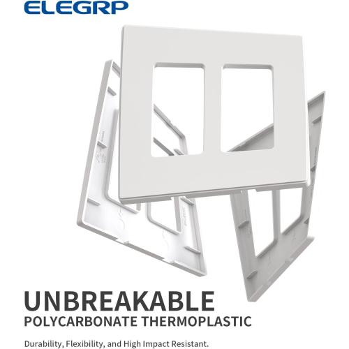 ELEGRP 2-Gang Screwless Decorative Wall Plates, Mid-Size 4.88 height x 4.94 length Unbreakable Thermoplastic Faceplate Cover for Decorator Receptacle Outlet & Switch, UL Listed (5 Pack, Matte White)