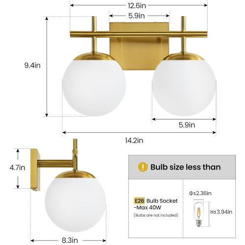 Gold Vanity Light, 2-Light Bathroom Lighting Fixtures Over Mirror Milky White Glass Globe Shades, Modern Vanity Lighting Fixtures Wall Sconce 14 Inch (Exclude E26 Bulb)