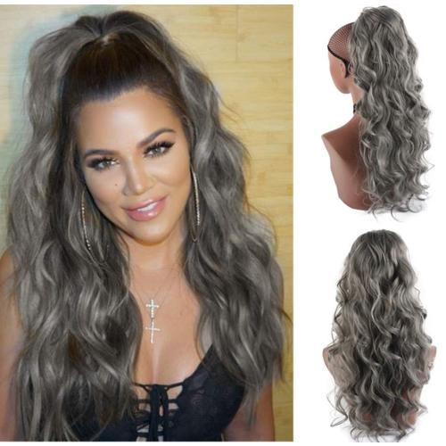 CINHOO 24 Inch Long Body Wavy Gray Drawstring Ponytail Extension for Black Women Clip in Ponytail Hair Extension Synthetic Curly Wavy Pony Tail Hairpiece for Women (24inch, Gray)