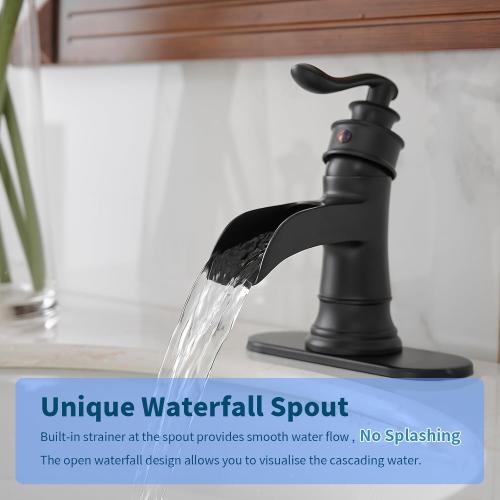 BWE Matte Black Bathroom Faucet, Waterfall Bathroom Faucet Sink Lavatory Single Hole Faucets One Handle Bath Antique with Brass Pop Up Drain Stopper Mixer Tap Overflow Water Supply Line