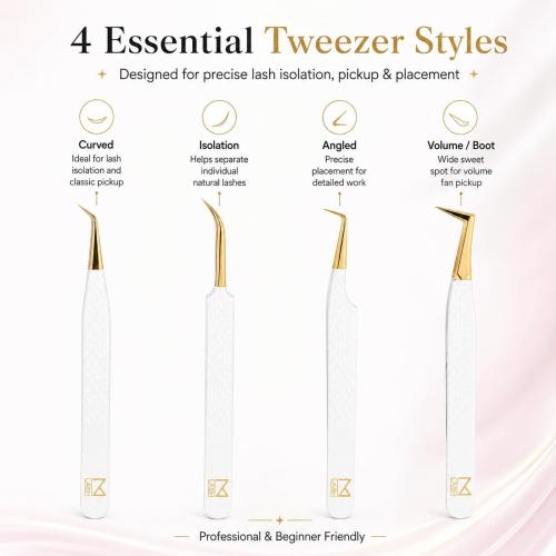 M LASH Tweezers, Eyelash Extensions Set of 4 | White