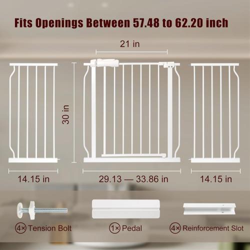 Extra Wide Baby Gate 57.5-62.2 Pressure Mounted,Child Dog Pet Safety Gates with Walk Through Door for Doorways Stairs No Drilling in Door,White