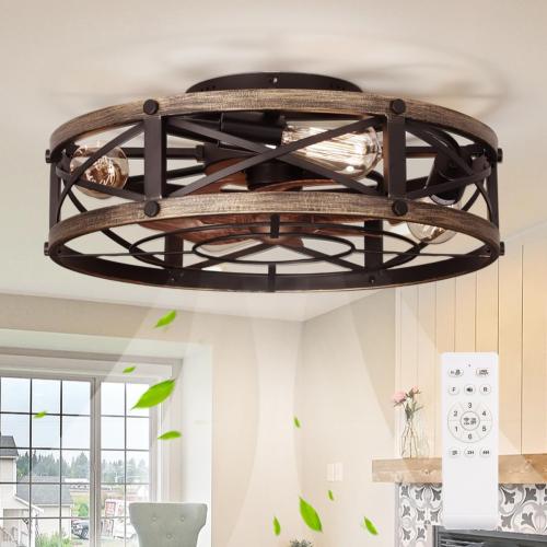 19 Farmhouse Flush Mount Caged Ceiling Fans with Lights, Fandelier Rustic Low Profile Ceiling Fan with Light and Remote, Small Bladeless Ceiling Fans with Lights for Kitchen, Bedroom - ETL