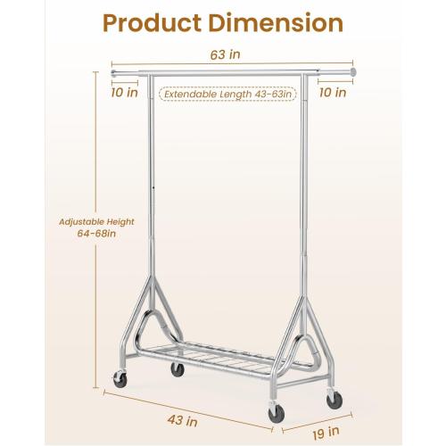 Heavy Duty Clothing Rack, Metal Clothes Rack Load 450 LBS, Rolling Coat Racks for Hanging Clothes with Lockable Wheels, Wardrobe Closet Garment Racks for Bedroom, Silver