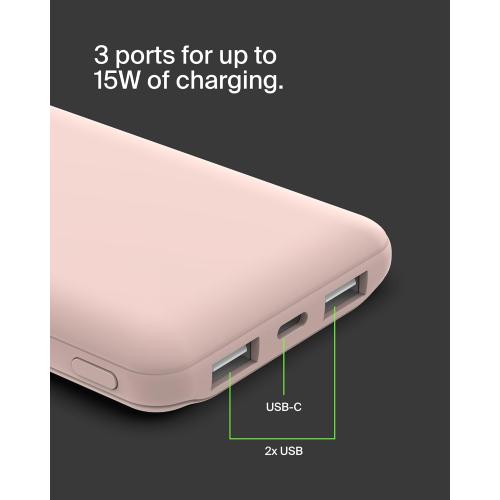 Belkin Portable Charger, USB-C Power Bank 10000 mAh w/ 1xUSB-C & 2xUSB-A Ports, 15W w/ Type-C to Type-A Cable for iPhone 16, 16e, Samsung Galaxy S25, Nintendo Switch 2 & More - Rose Gold