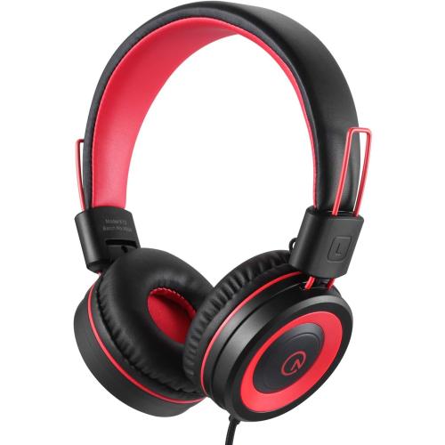noot products Kids Headphones with Microphone K12 Stereo 5ft Long Cord with 85dB/94dB Volume Limit Wired On-Ear Headset for iPad/Amazon Kindle,Fire/Toddler/Boys/Girls/School (Red Black)