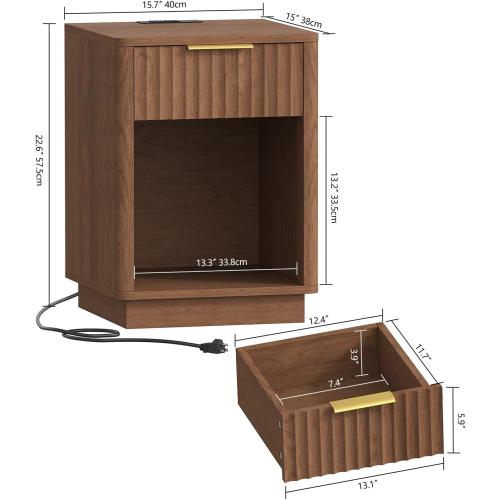 Akxomel Fluted Nightstand, Wooden Night Stand with Charging Station and LED Light, Modern Mid Century End Table with Drawer, 15 D x 15.7 W x 22.6 H, for Bedroom, Walnut