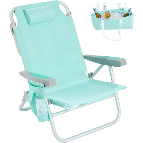 SUNNYFEEL Low Beach Chair, 5-Position Lay Flat Reclining, Backpack Portable Folding Chair with Cooler Bag & Cup Holder, Heavy Duty 350 LBS, Compact for Beach, Camping, Travel