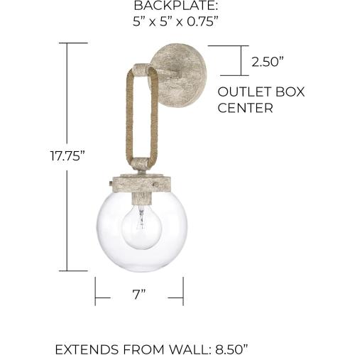 Capital Lighting 627412MS Beaufort Coastal Bohemian Clear Glass Orb Wall Sconce with Natural Jute Accents, 1-Light 100 Watt, 18 H x 7 W, Mystic Sand