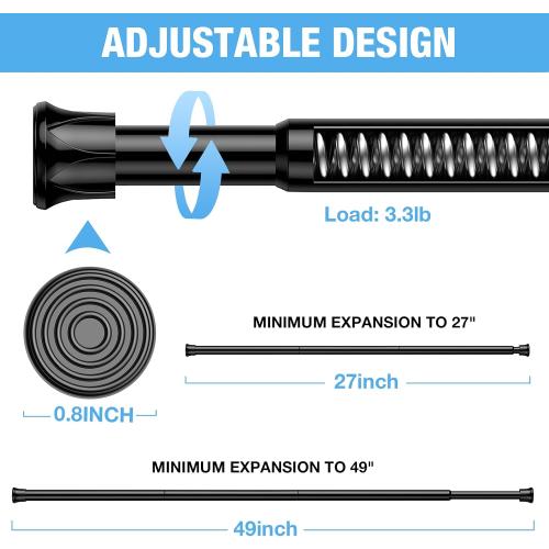 Tension Curtain Rod 28-48 Inch 2 Pack Black Adjustable Spring Curtain Rod