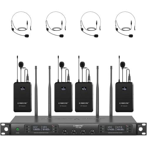 Phenyx Pro 4-Channel Wireless Microphone System, UHF Auto Scan Cordless Mic Set, 4 Bodypacks w/Headsets/Lapel Mics, 4x40 Frequencies, 328ft Coverage, Mic for Church, DJ, Meeting (PTU-7000-4B)