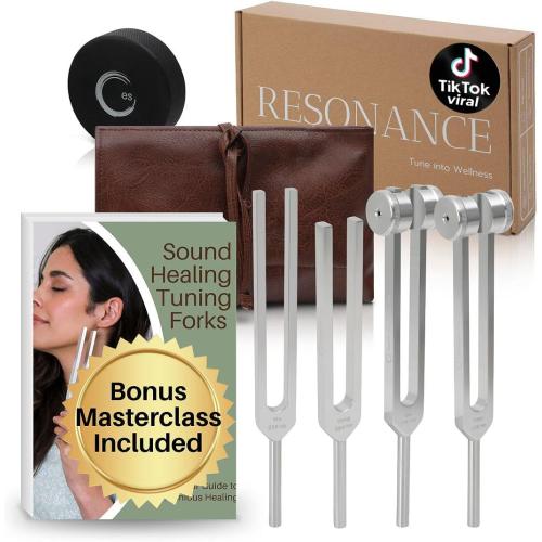 Resonance Tuning Fork for Healing Set – 128Hz, 136.1Hz, 256Hz, 384Hz for Stress & Sleep, Chakra Balance, Mental Focus, Relaxation | Activator   Pouch | Weighted & Unweighted