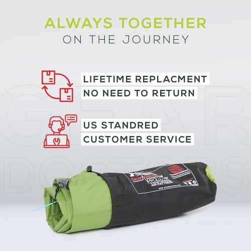Green and Black Gear Doctors Ultralight 17oz Camping Sleeping pad ApolloAir - Compact, Warm 5.2 R-Value 4 Season Air Mattress, Perfect for Backpacking, Hiking - Lightweight Inflatable & Compact Sleep Pad