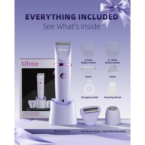 Ufree Bikini Trimmer Electric Razors for Women, Rechargeable Pubic Body Hair Trimmer Electric Shaver for Legs Body Hair, Bikini Shaver IPX7 Waterproof, Gifts for Women, Purple